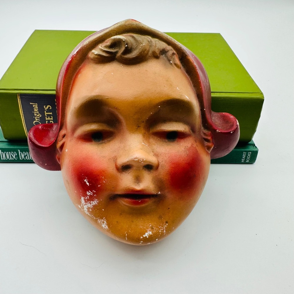 Vintage Chalkware Dutch Girl Wall Plaque‎ Mask Red Bonnet Mid-Century Decor